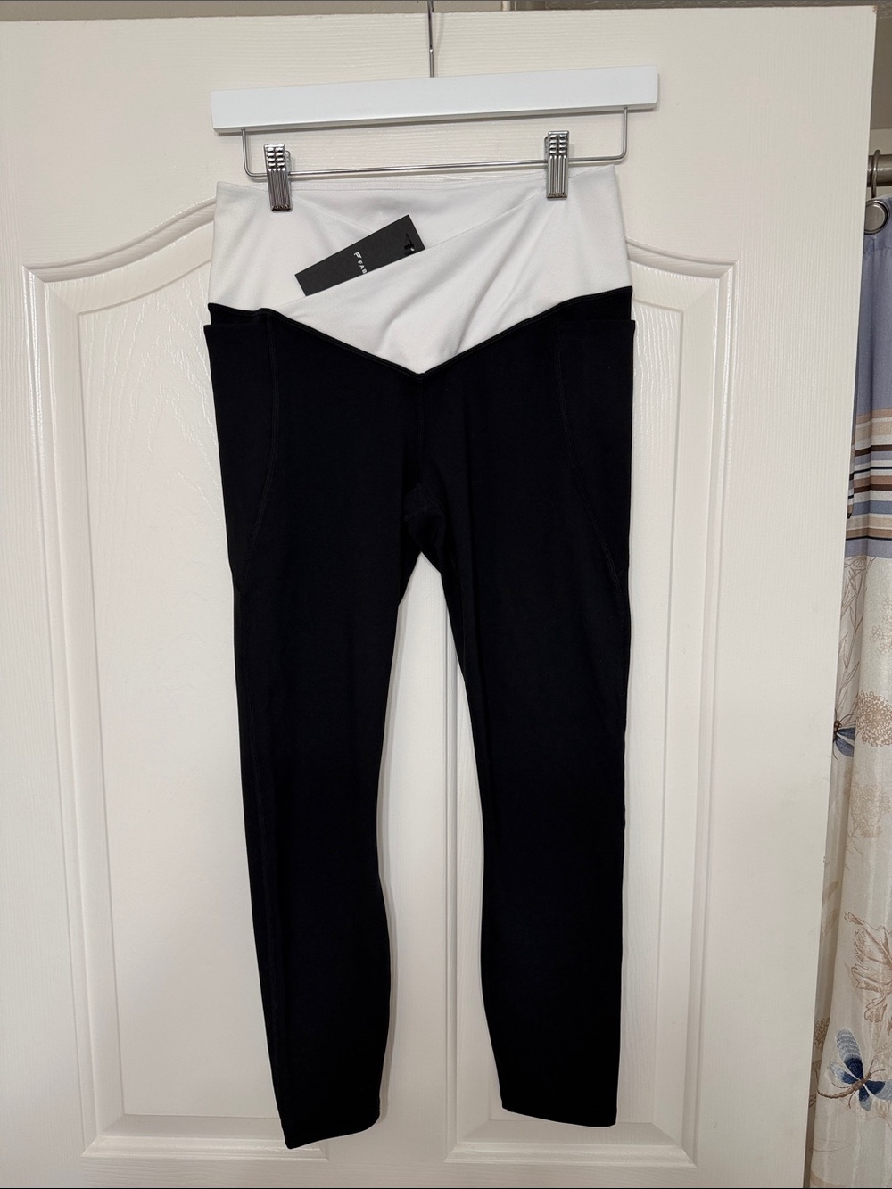 Fabletics Black Leggings with White Fold-Over V Waistband